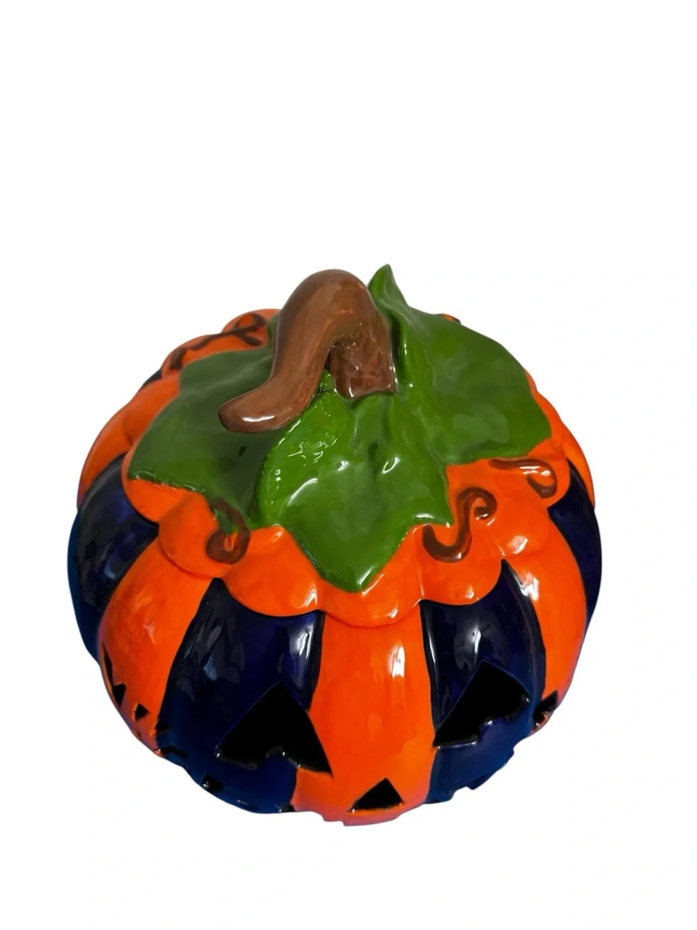 Halloween Ceramic Pumpkin Candy Jar Orange Black Spooky Treat Container Decor
